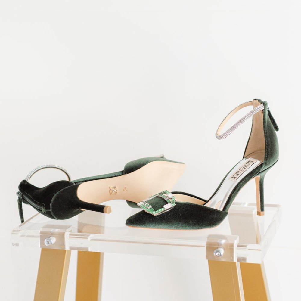 Badgley Mischka 5.5 Marlow Velvet Green Heels Emerald Ornament Stilettos - Picture 2 of 16